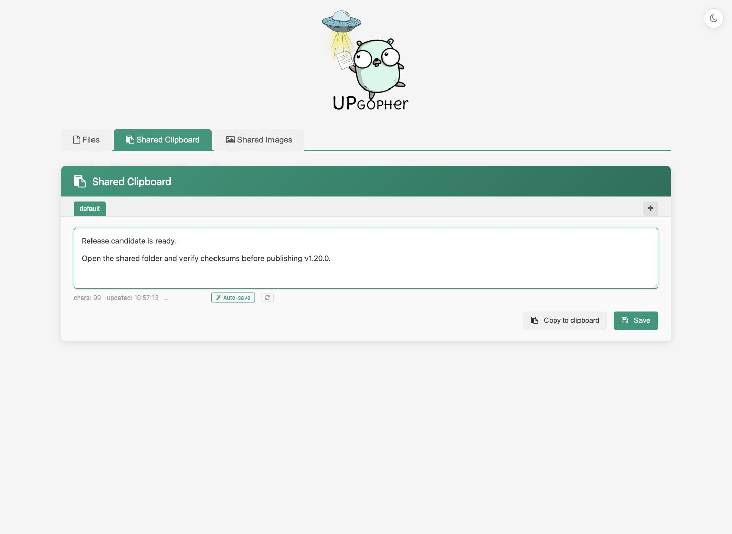 Upgopher shared clipboard with tabs, text content, and screenshot sharing