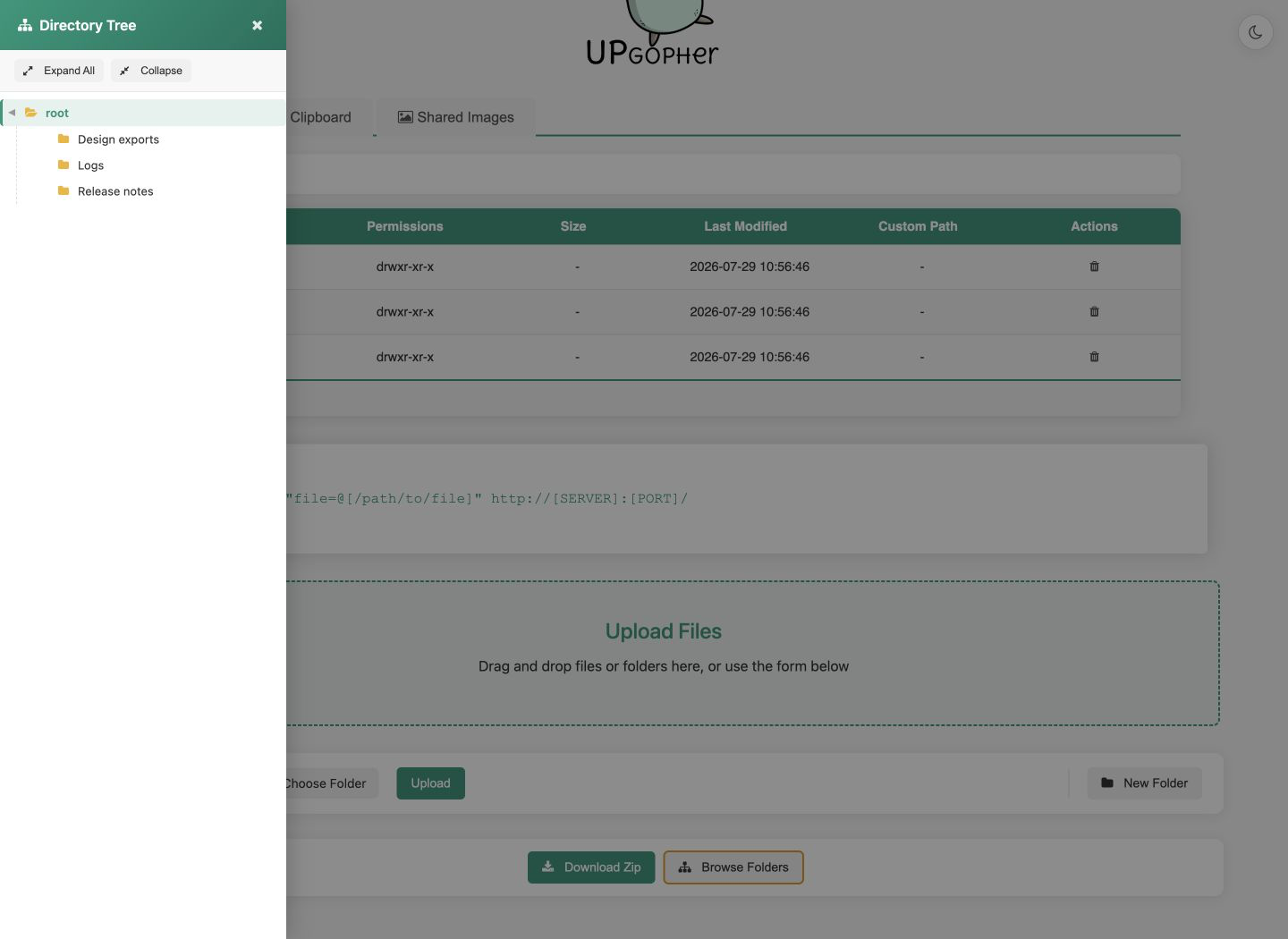 Upgopher directory tree panel with nested folders
