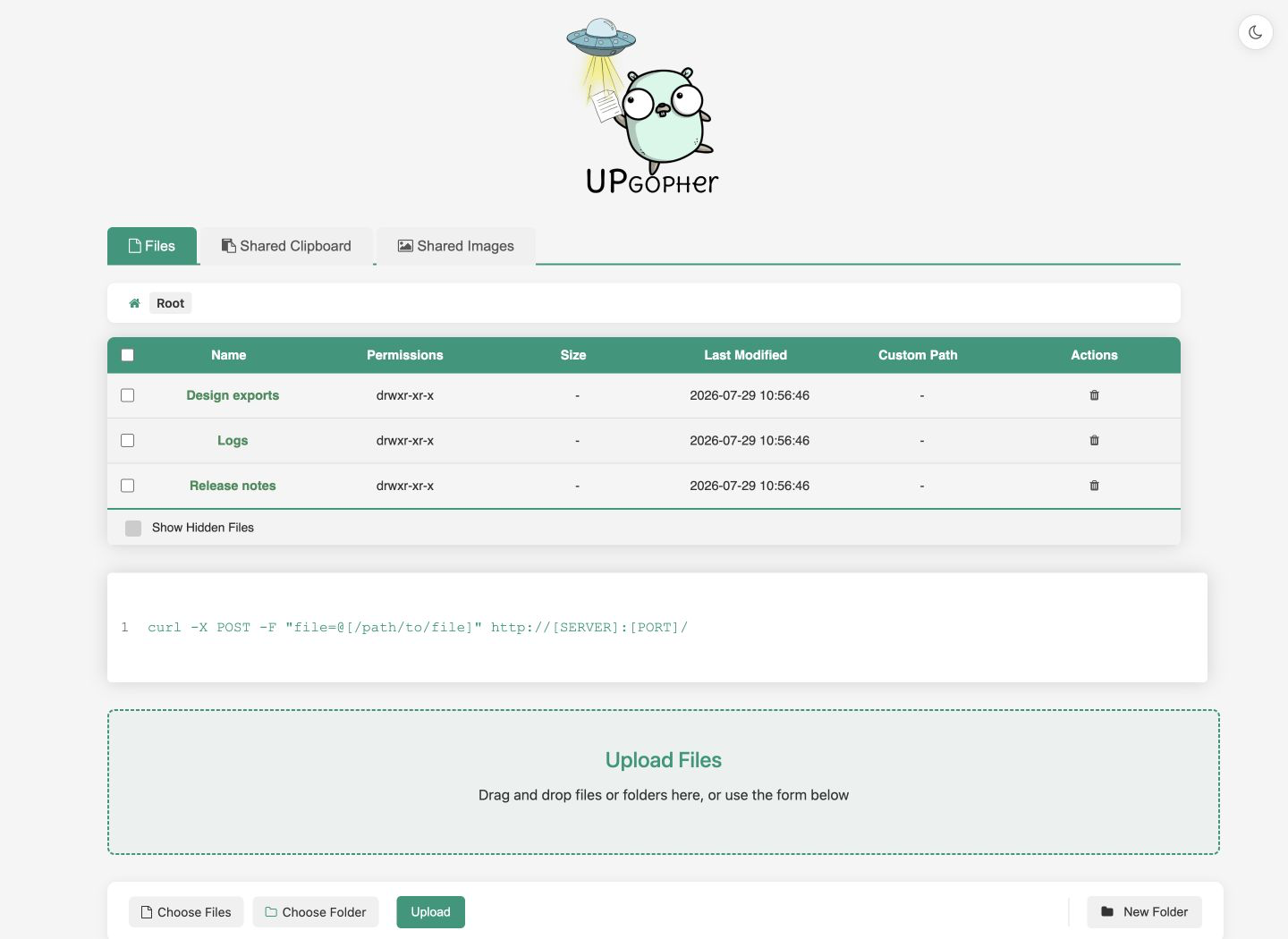 Upgopher file manager showing files, upload controls, breadcrumbs, and file actions