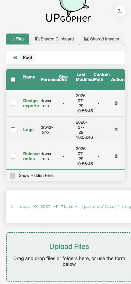 Upgopher file manager adapted to a narrow mobile viewport
