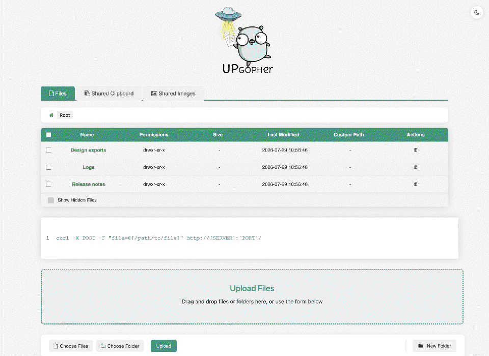 Upgopher browser interface demonstrating file browsing, uploads, and the shared clipboard
